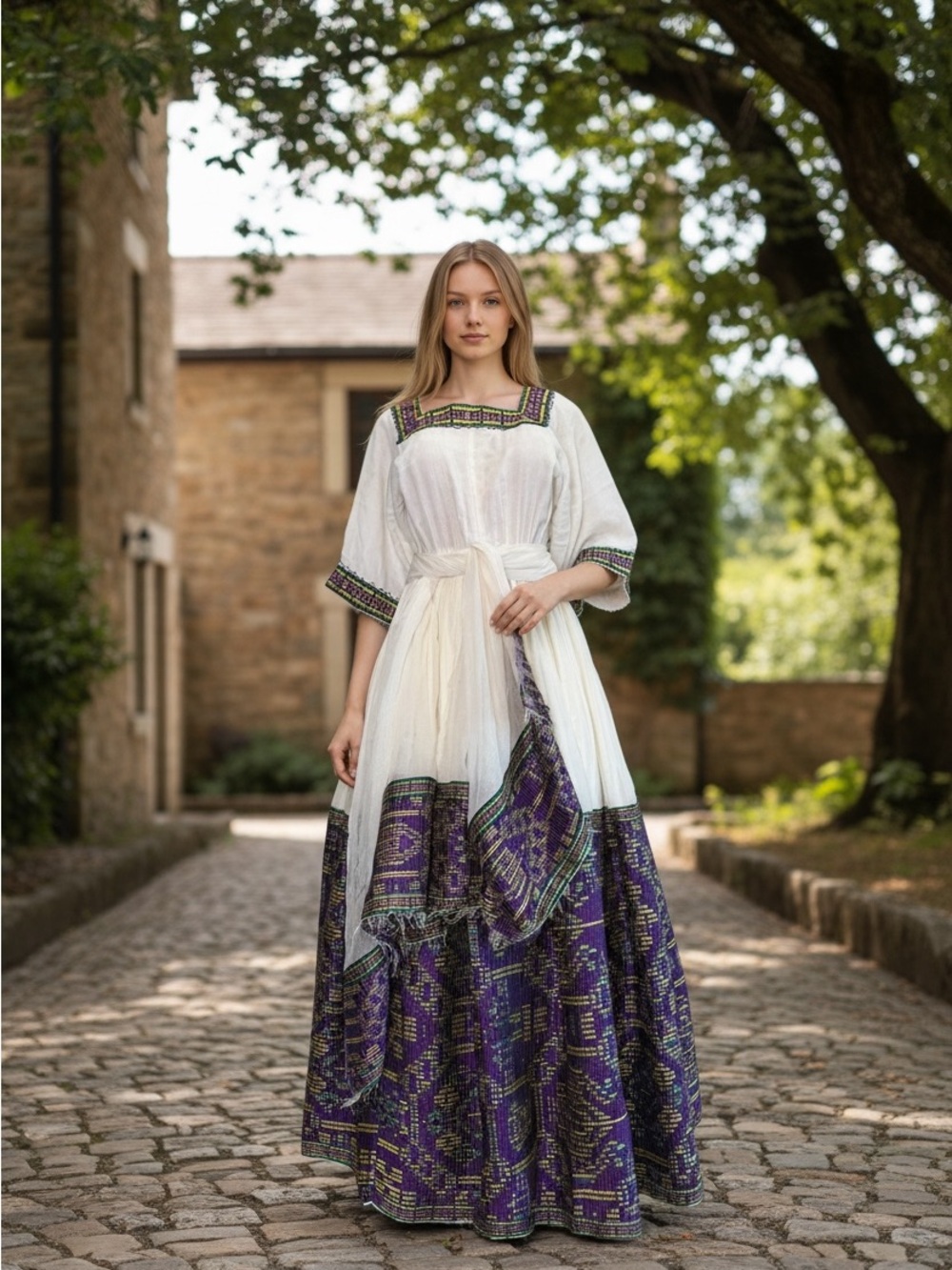 Ethiopian and Eritrean traditional dress White & Purple Embroidered dress
